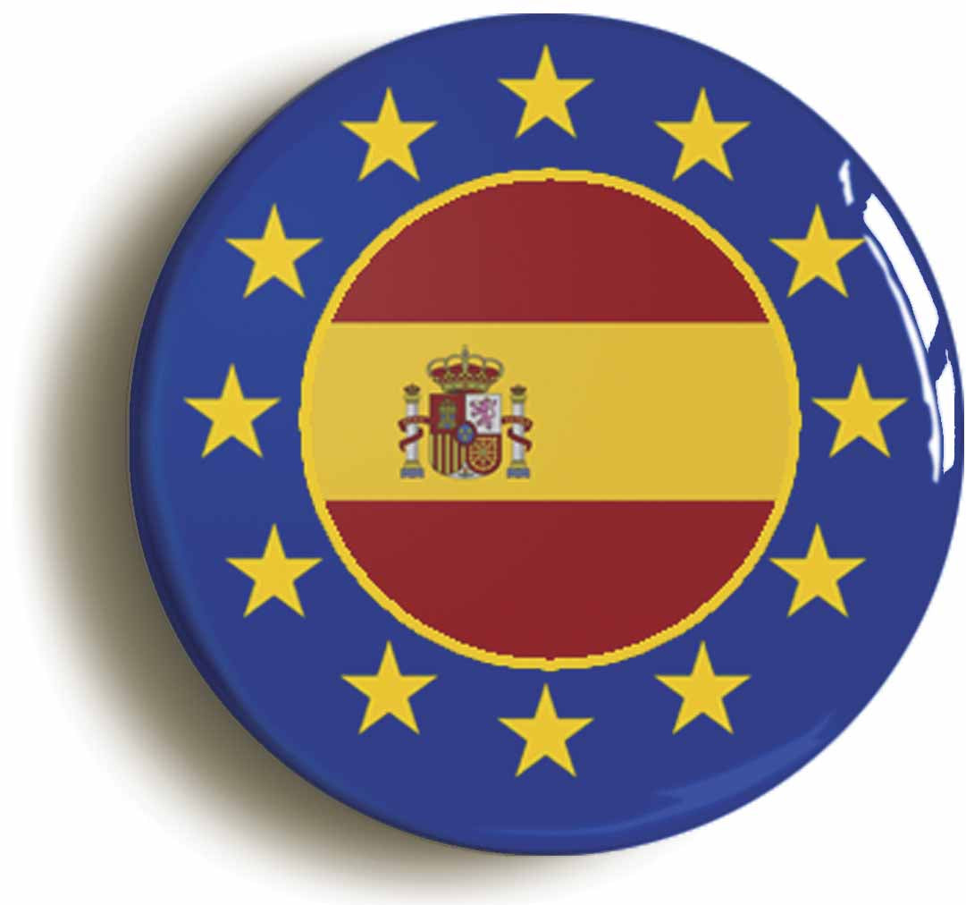 A picture of the front of the product, titled Spain European Union Split Flag Circular 50mm Fridge Magnet