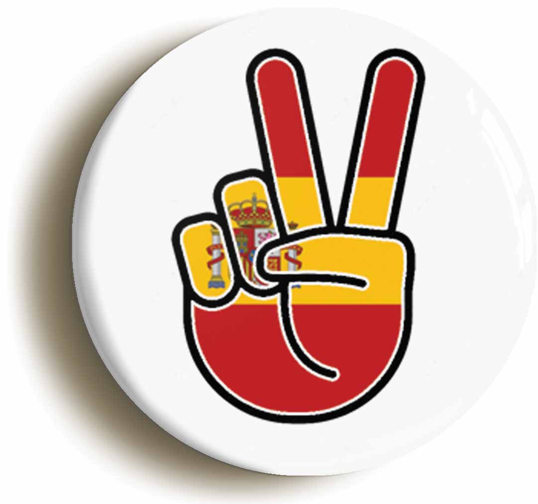 A picture of the front of the product, titled Spain Spanish National Flag Peace Sign V Button Pin Badge