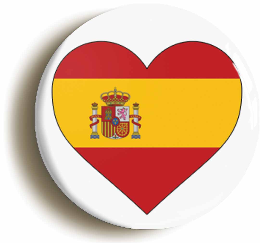 A picture of the front of the product, titled Spain Spanish Flag Heart Button Pin Badge