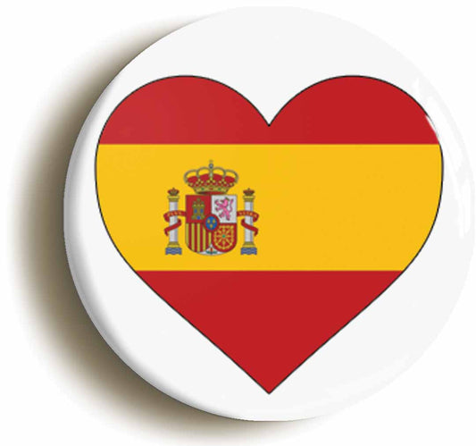 A picture of the front of the product, titled Spain Spanish Flag Heart Button Pin Badge