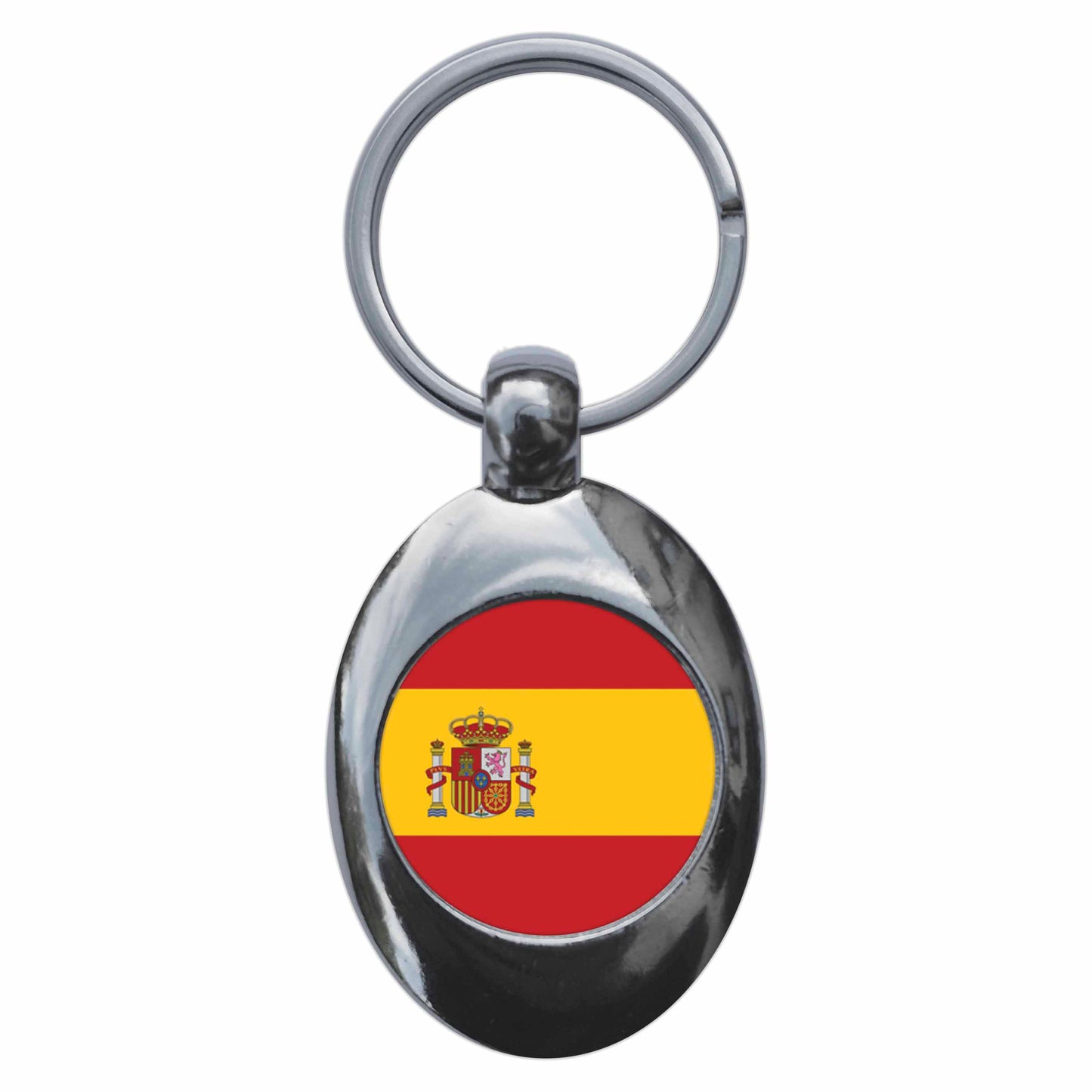 A picture of the front of the product, titled Spain Spanish National Flag Metal Keyring With Trolley Coin