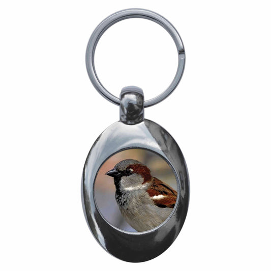 A picture of the front of the product, titled House Sparrow Metal Keyring With Trolley Coin