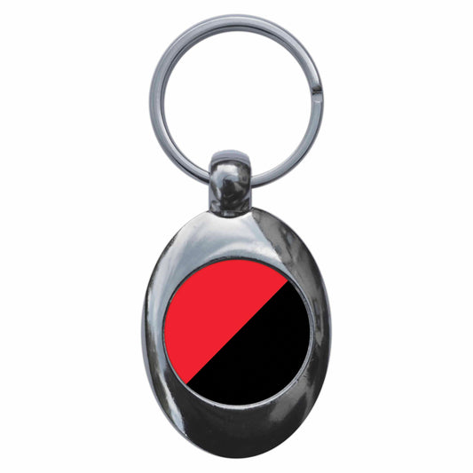 A picture of the front of the product, titled Anarchism Red And Black Flag Metal Keyring With Trolley Coin