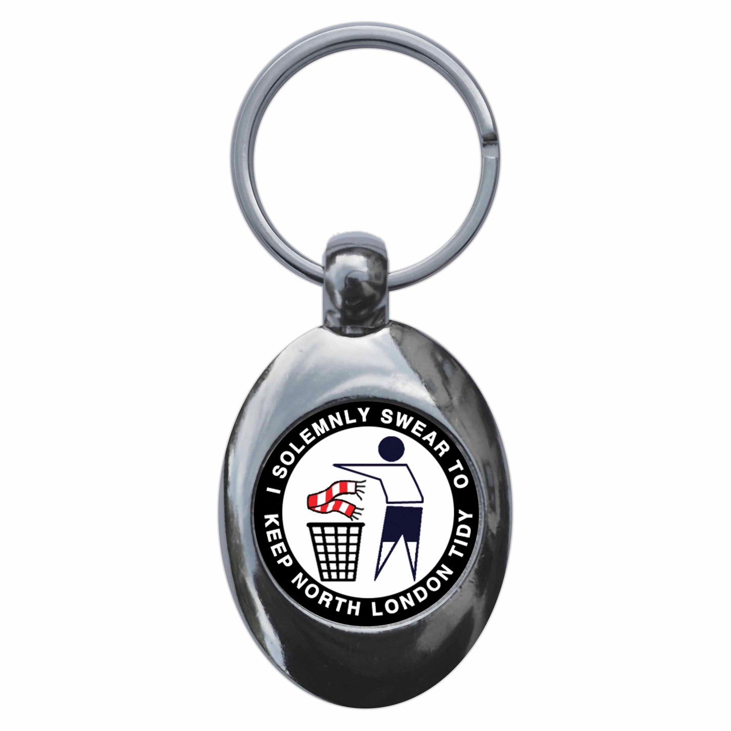 A picture of the front of the product, titled I Solemnly Swear To Keep North London Tidy T Metal Keyring With Trolley Coin