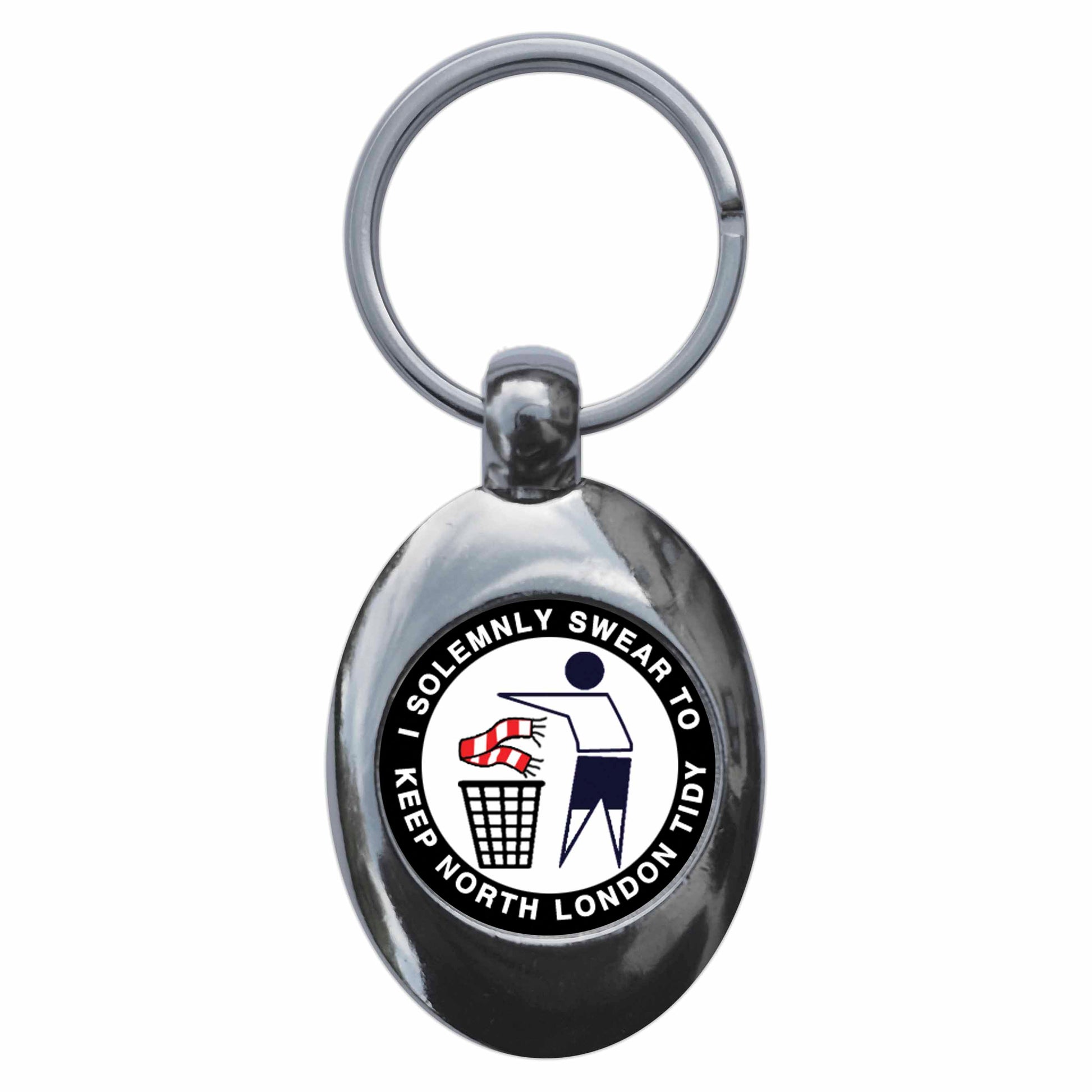 A picture of the front of the product, titled I Solemnly Swear To Keep North London Tidy T Metal Keyring With Trolley Coin