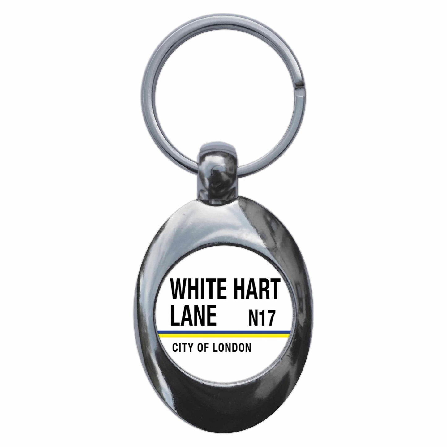 A picture of the front of the product, titled White Hart Lane N17 London Road Sign Metal Keyring With Trolley Coin