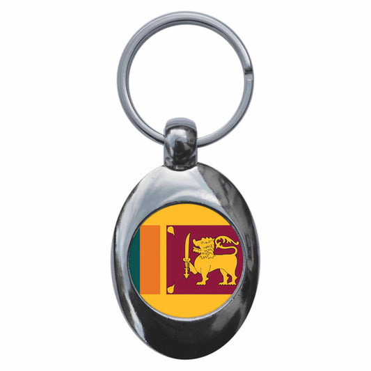 A picture of the front of the product, titled Sri Lanka Sri Lankan National Flag Metal Keyring With Trolley Coin