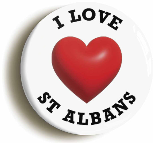 A picture of the front of the product, titled I Heart Love St Albans Location Button Pin Badge