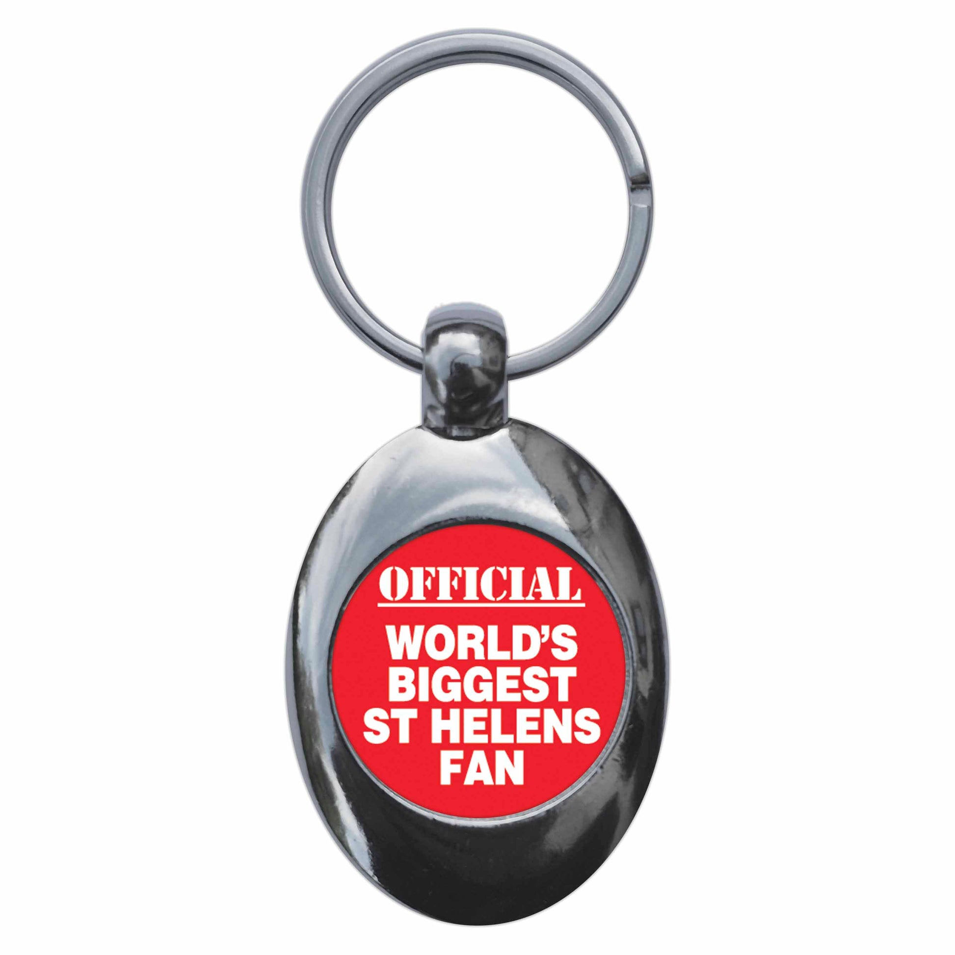 A picture of the front of the product, titled World's Biggest Saints Fan Metal Keyring With Trolley Coin