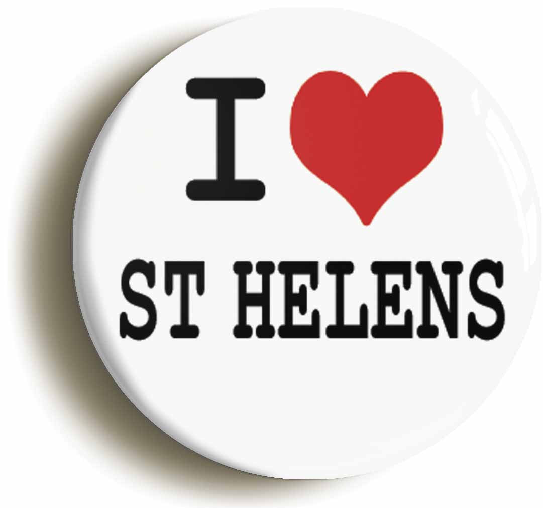 A picture of the front of the product, titled I Heart Love St Helens Button Pin Badge