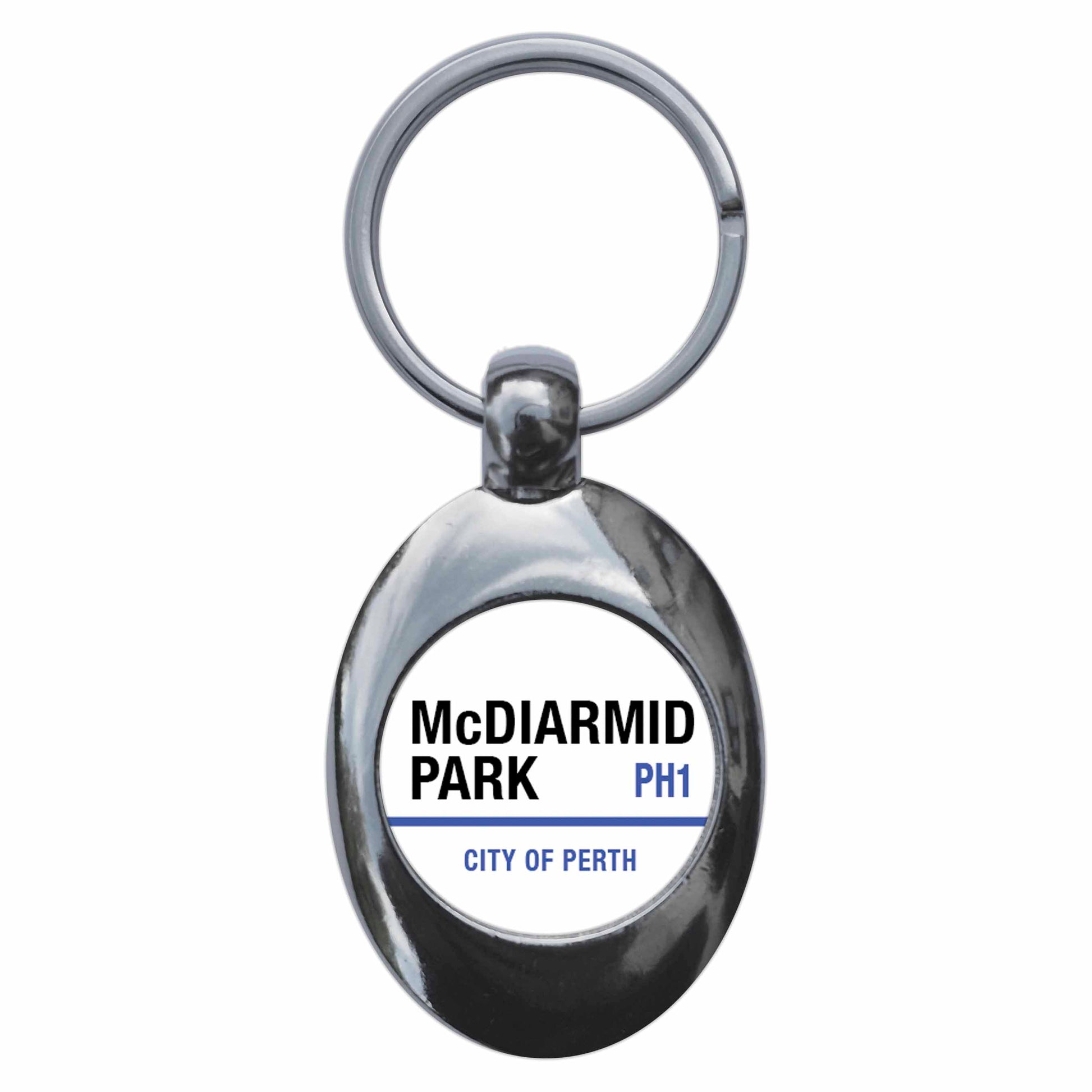 A picture of the front of the product, titled Mcdiarmid PH1 Perth St Johnstone Road Sign Metal Keyring With Trolley Coin