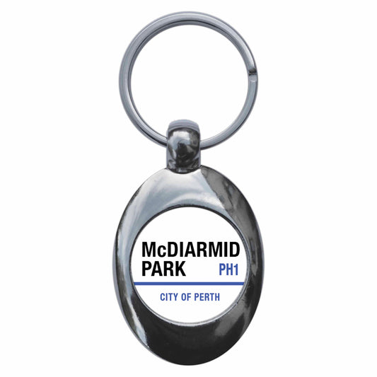 A picture of the front of the product, titled Mcdiarmid PH1 Perth St Johnstone Road Sign Metal Keyring With Trolley Coin