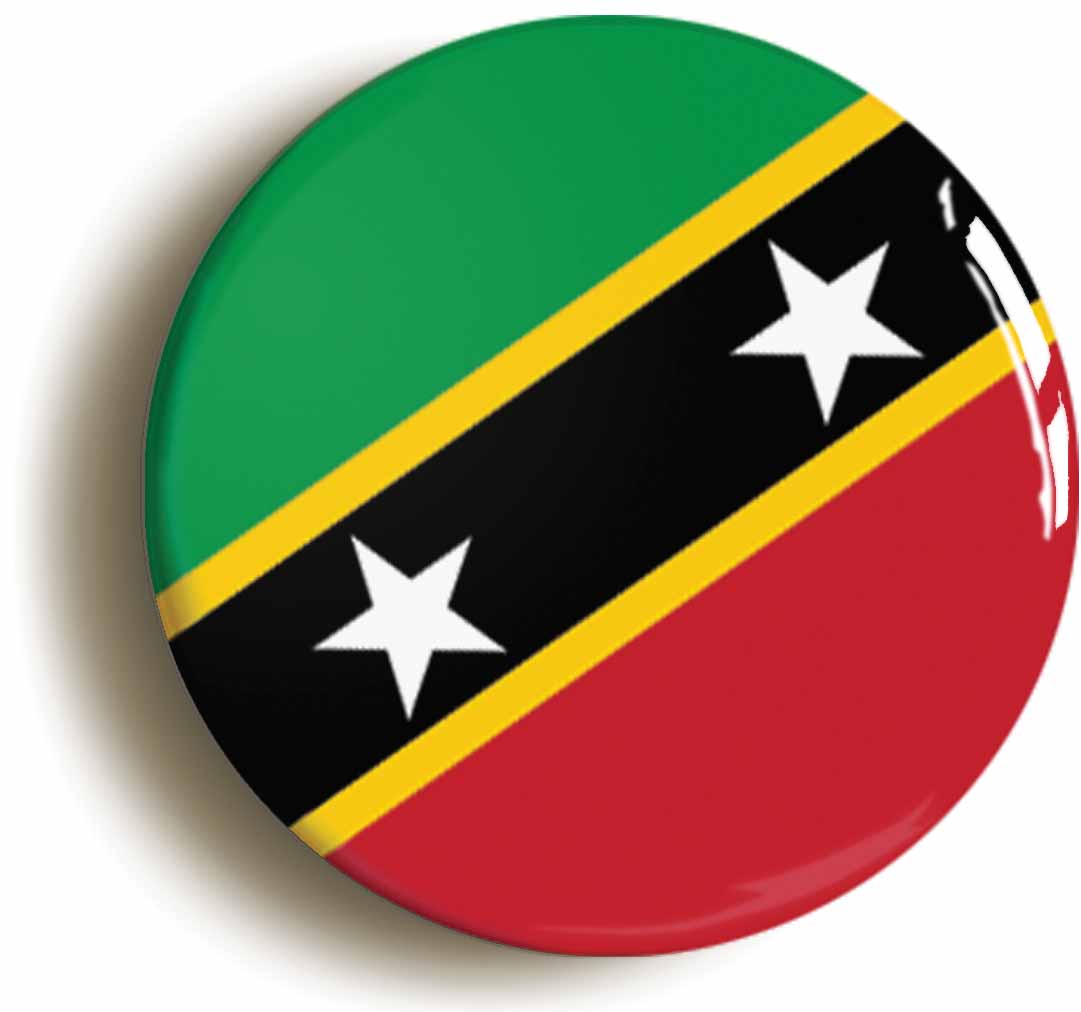 A picture of the front of the product, titled Saint Kitts And Nevis National Flag Circular 50mm Fridge Magnet