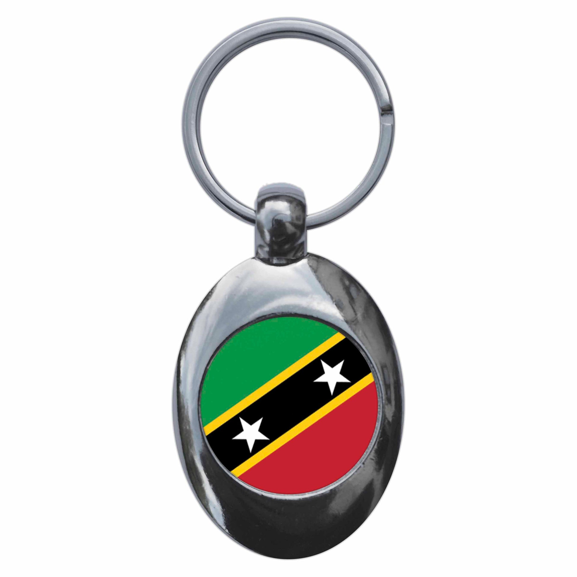 A picture of the front of the product, titled Saint Kitts And Nevis National Flag Metal Keyring With Trolley Coin