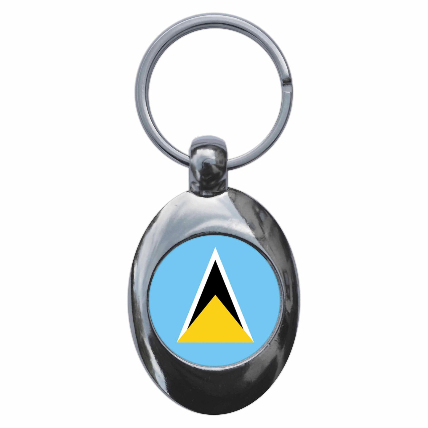 A picture of the front of the product, titled Saint Lucia National Flag Metal Keyring With Trolley Coin