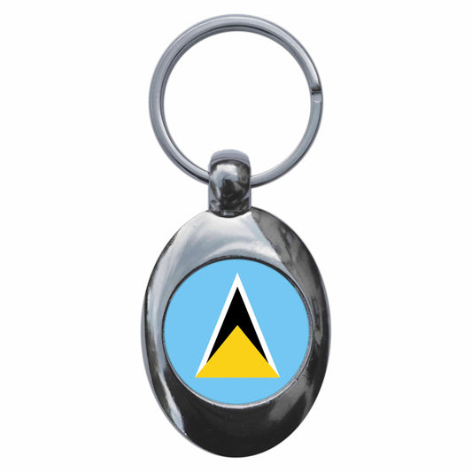 A picture of the front of the product, titled Saint Lucia National Flag Metal Keyring With Trolley Coin