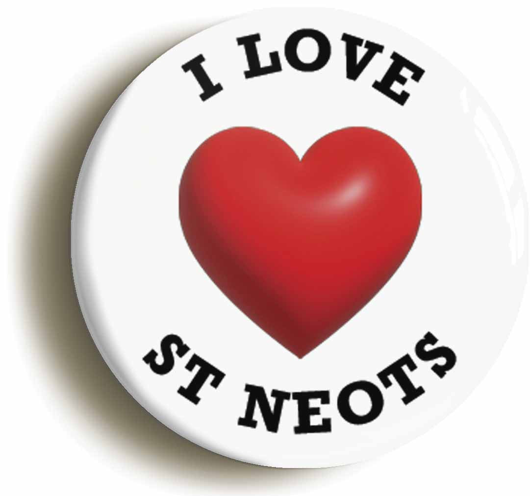A picture of the front of the product, titled I Heart Love St Neots Location Button Pin Badge