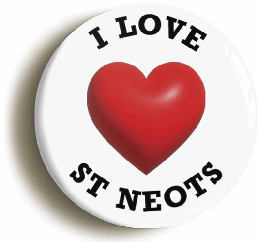 A picture of the front of the product, titled I Heart Love St Neots Location Circular 50mm Fridge Magnet