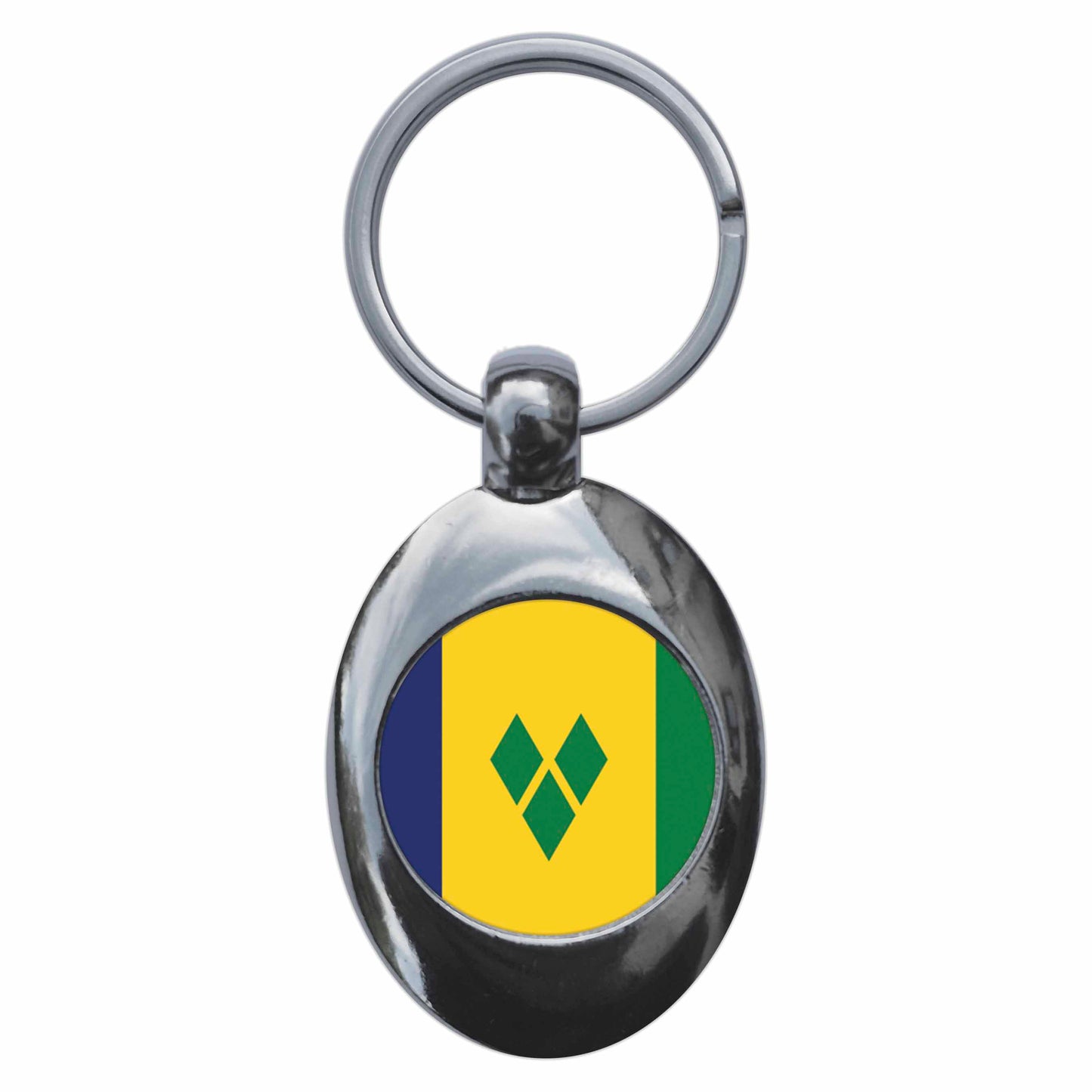 A picture of the front of the product, titled Saint Vincent And The Grenadines National Flag Metal Keyring With Trolley Coin