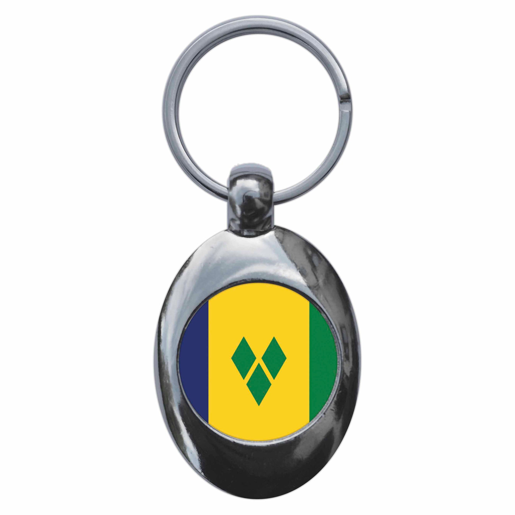 A picture of the front of the product, titled Saint Vincent And The Grenadines National Flag Metal Keyring With Trolley Coin