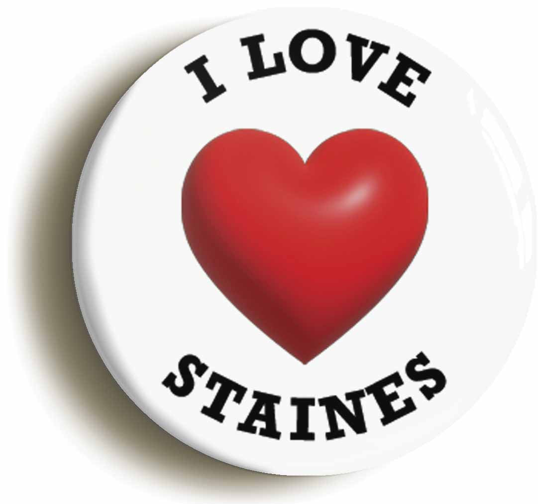 A picture of the front of the product, titled I Heart Love Staines Location Button Pin Badge