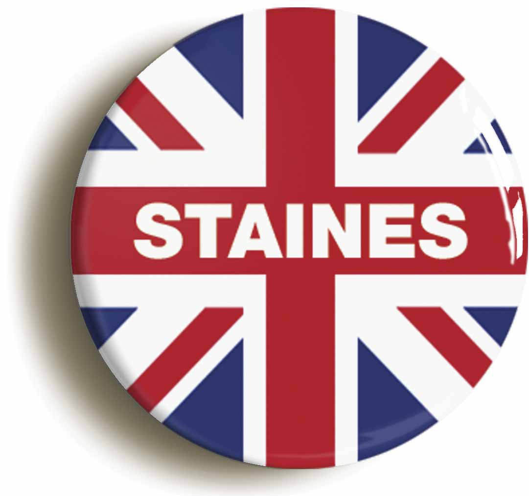 A picture of the front of the product, titled Staines Union Jack Button Pin Badge
