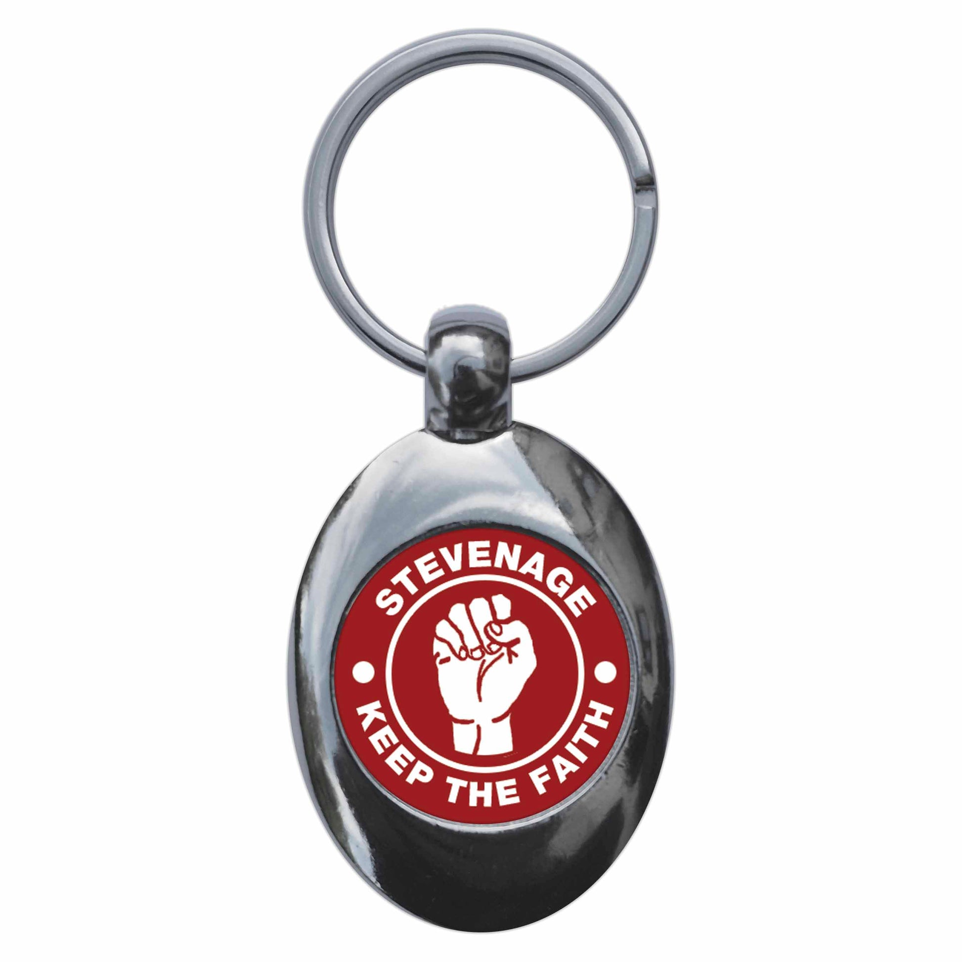 A picture of the front of the product, titled Stevenage Keep The Faith Northern Soul Metal Keyring With Trolley Coin