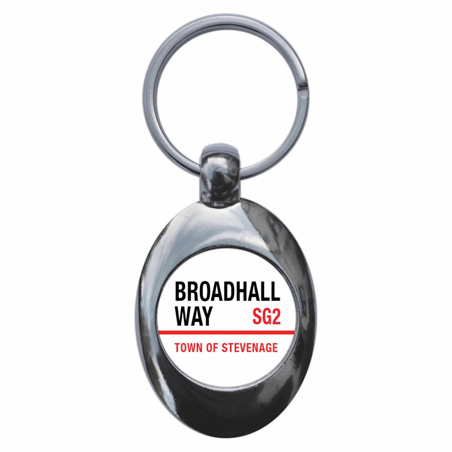 A picture of the front of the product, titled Broadhall Way SG2 Stevenage Road Sign Metal Keyring With Trolley Coin