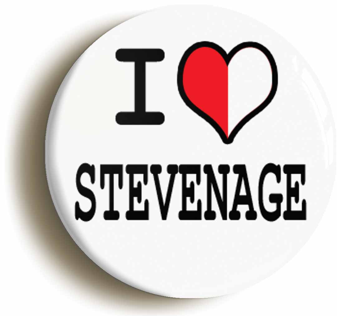 A picture of the front of the product, titled I Heart Love Stevenage Button Pin Badge