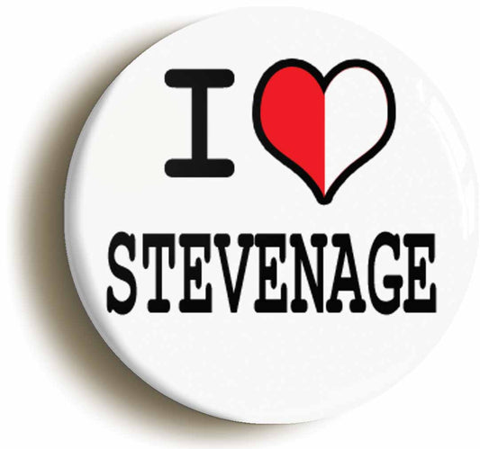 A picture of the front of the product, titled I Heart Love Stevenage Button Pin Badge