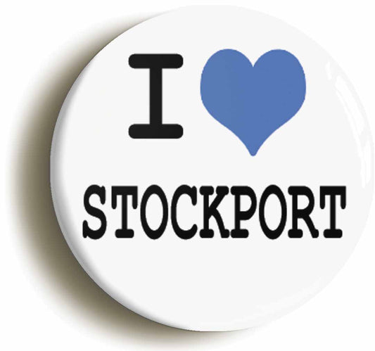 A picture of the front of the product, titled I Heart Love Stockport Circular 50mm Fridge Magnet