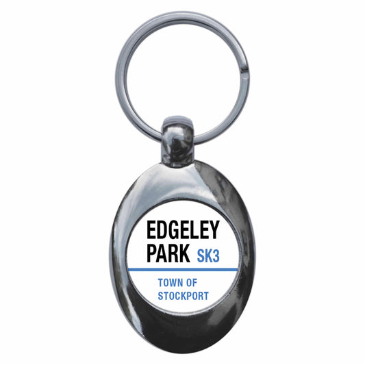 A picture of the front of the product, titled Edgeley Park SK3 Stockport Road Sign Metal Keyring With Trolley Coin