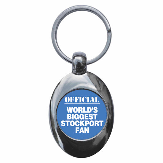 A picture of the front of the product, titled World's Biggest Stockport Fan Metal Keyring With Trolley Coin