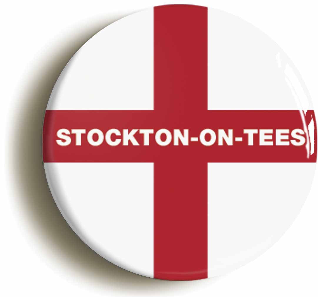 A picture of the front of the product, titled Stockton-On-Tees England Flag Button Pin Badge
