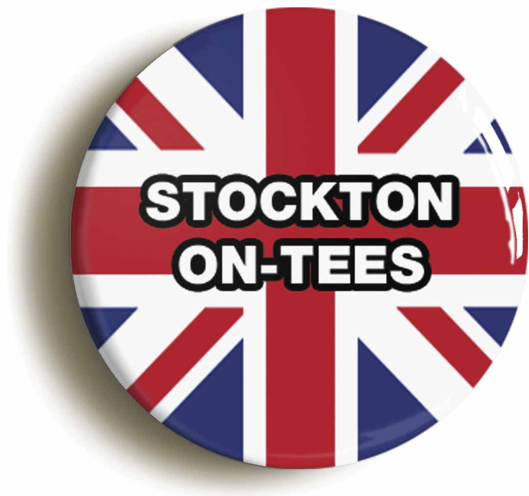 A picture of the front of the product, titled Stockton-On-Tees Union Jack Button Pin Badge