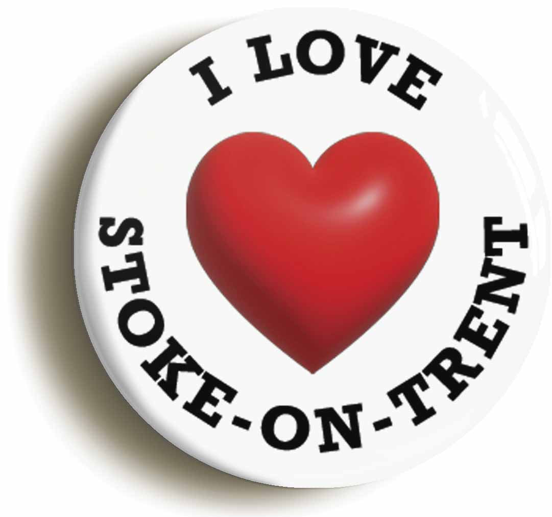 A picture of the front of the product, titled I Heart Love Stoke-On-Trent Location Circular 50mm Fridge Magnet