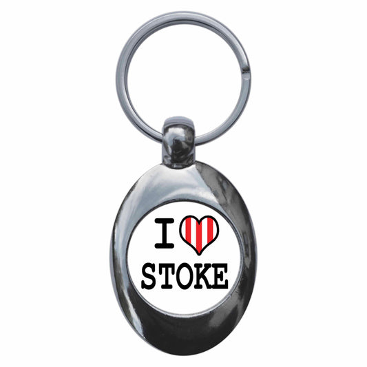 A picture of the front of the product, titled I Heart Love Stoke Metal Keyring With Trolley Coin