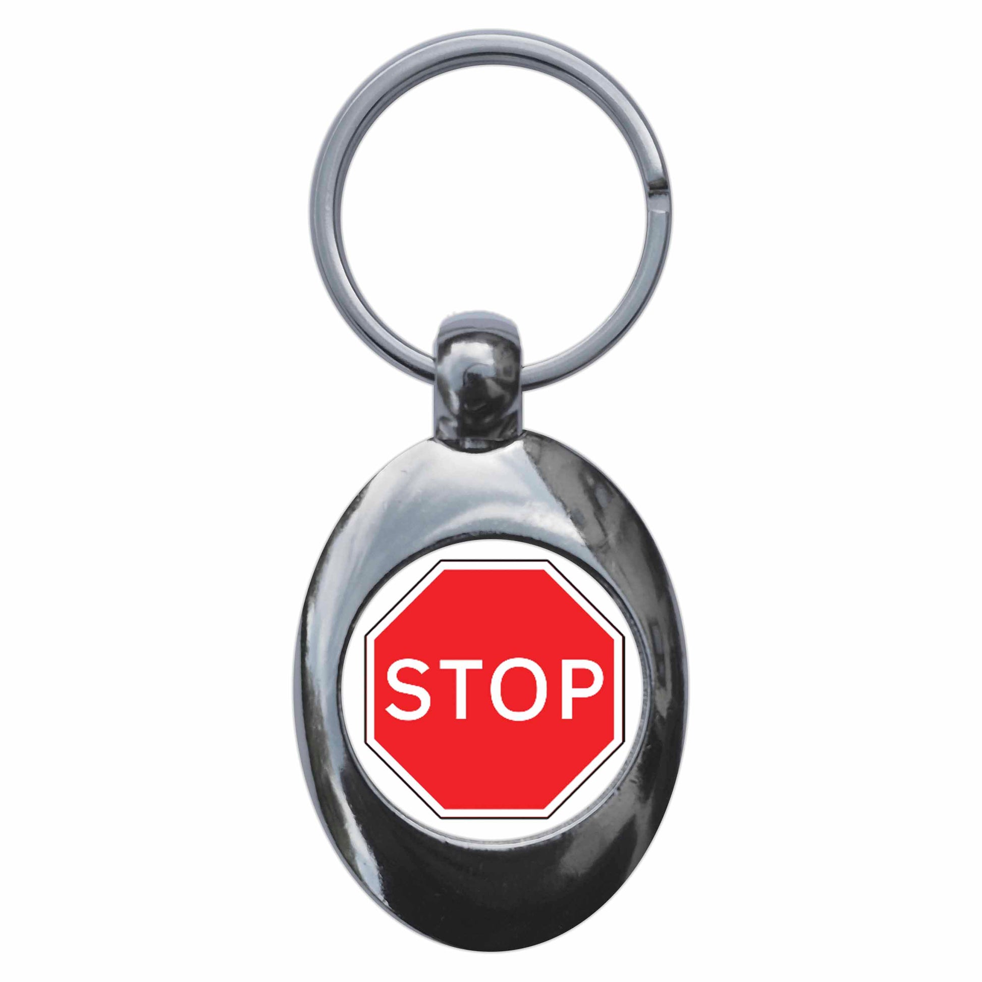 A picture of the front of the product, titled Stop Road Sign Metal Keyring With Trolley Coin