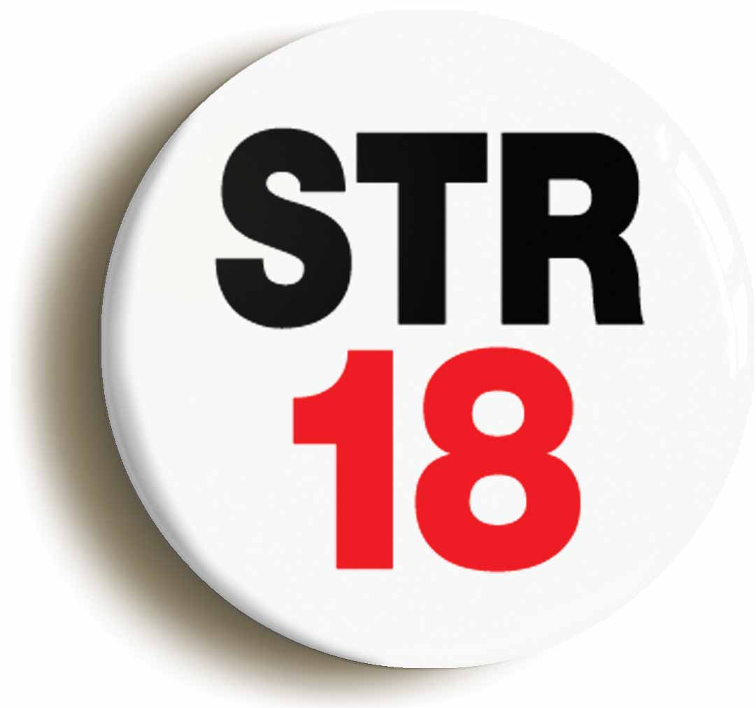 A picture of the front of the product, titled Str 18 Strength RPG Role Playing Game Button Pin Badge