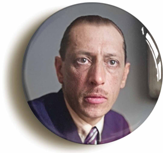 A picture of the front of the product, titled Igor Stravinsky Classical Music Button Pin Badge