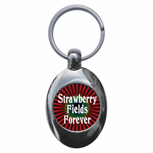 A picture of the front of the product, titled Strawberry Fields Forever Metal Keyring With Trolley Coin