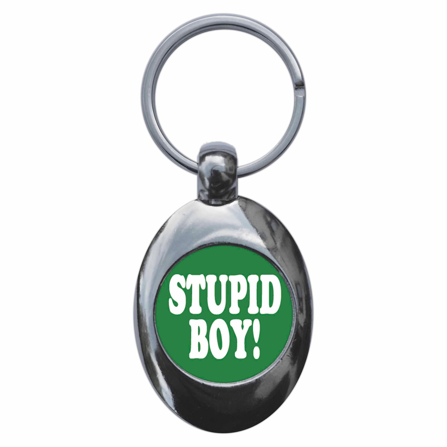 A picture of the front of the product, titled Stupid Boy Metal Keyring With Trolley Coin