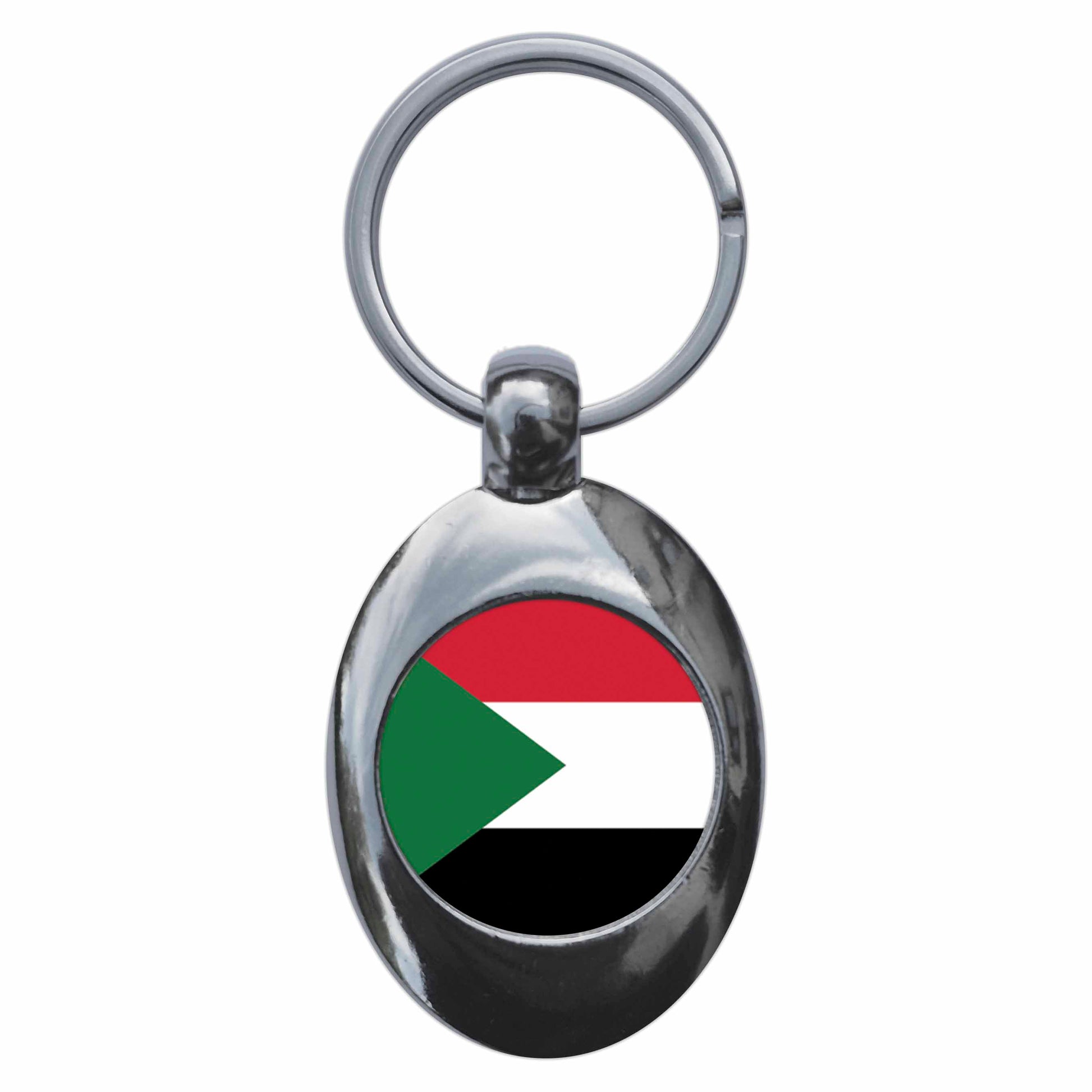 A picture of the front of the product, titled Sudan Sudanese National Flag Metal Keyring With Trolley Coin