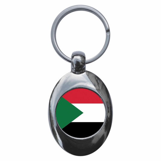 A picture of the front of the product, titled Sudan Sudanese National Flag Metal Keyring With Trolley Coin