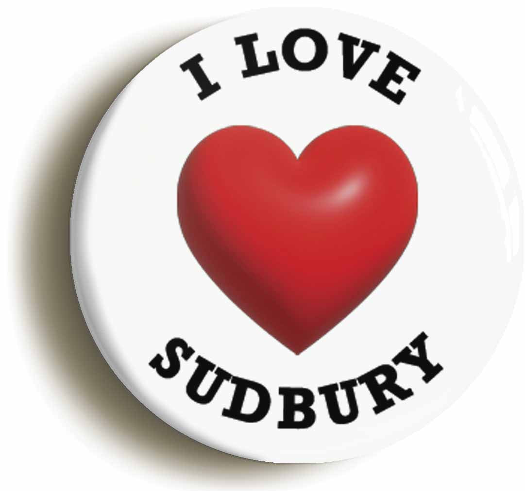A picture of the front of the product, titled I Heart Love Sudbury Location Circular 50mm Fridge Magnet