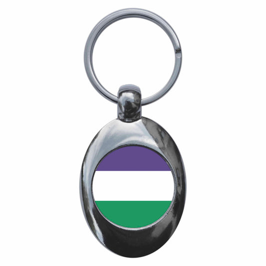 A picture of the front of the product, titled Suffragette Feminist Flag Metal Keyring With Trolley Coin