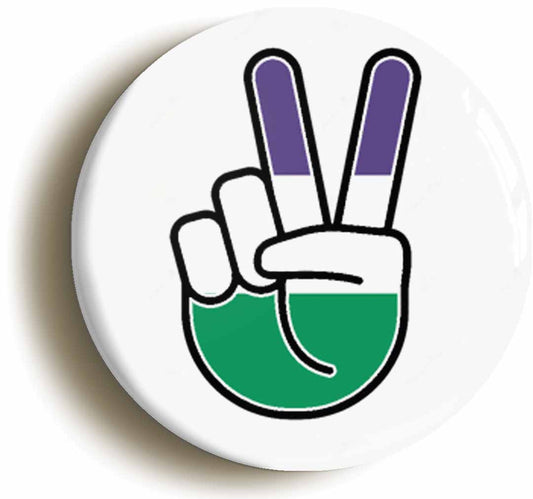 A picture of the front of the product, titled Suffragette Flag Peace Sign V Button Pin Badge