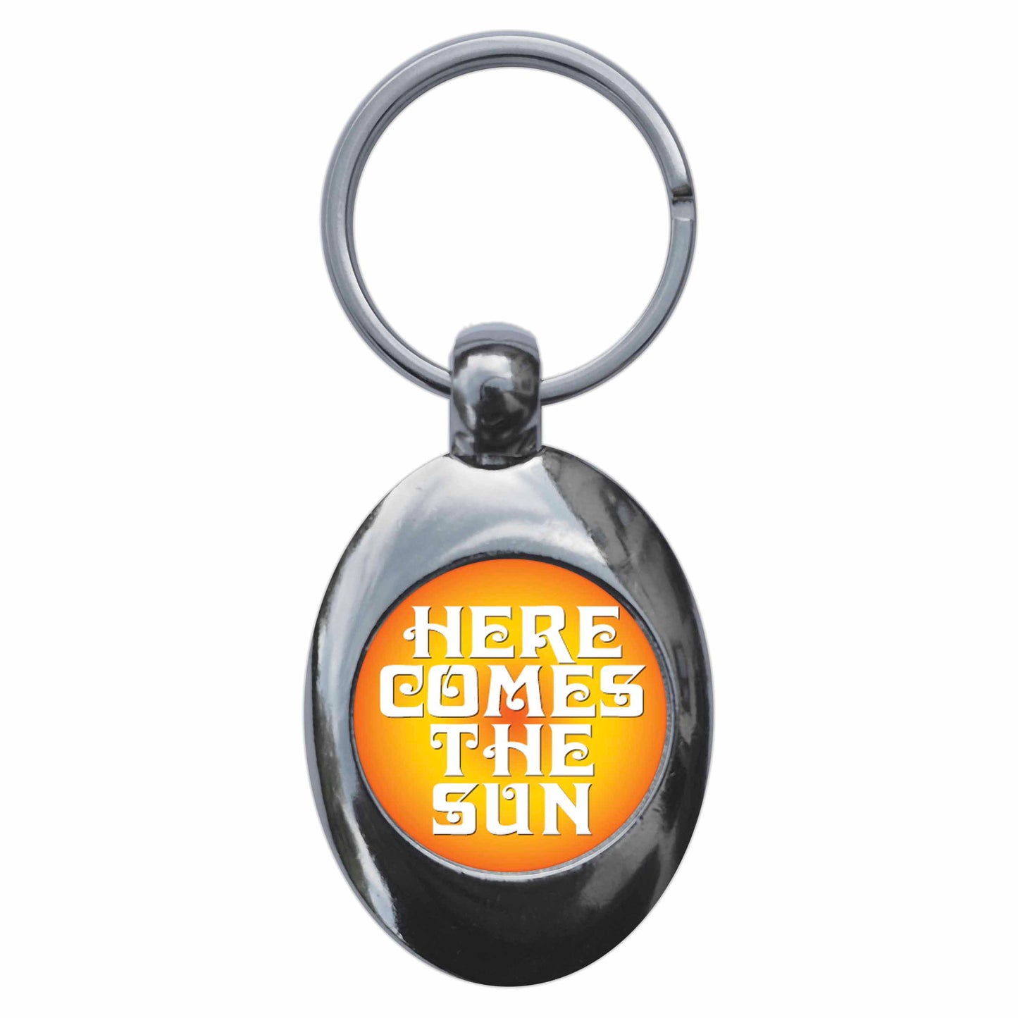 A picture of the front of the product, titled Here Comes The Sun Metal Keyring With Trolley Coin