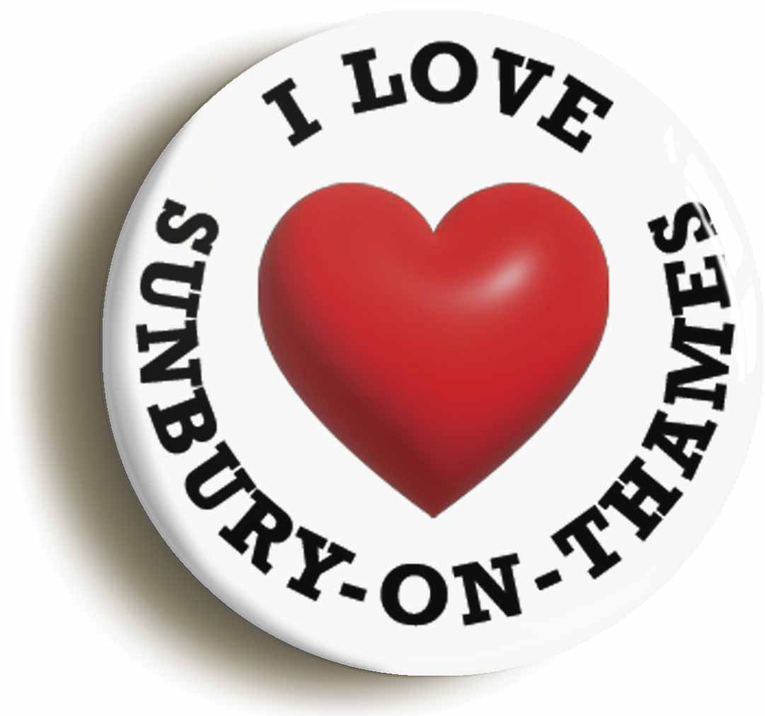 A picture of the front of the product, titled I Heart Love Sunbury-On-Thames Location Circular 50mm Fridge Magnet