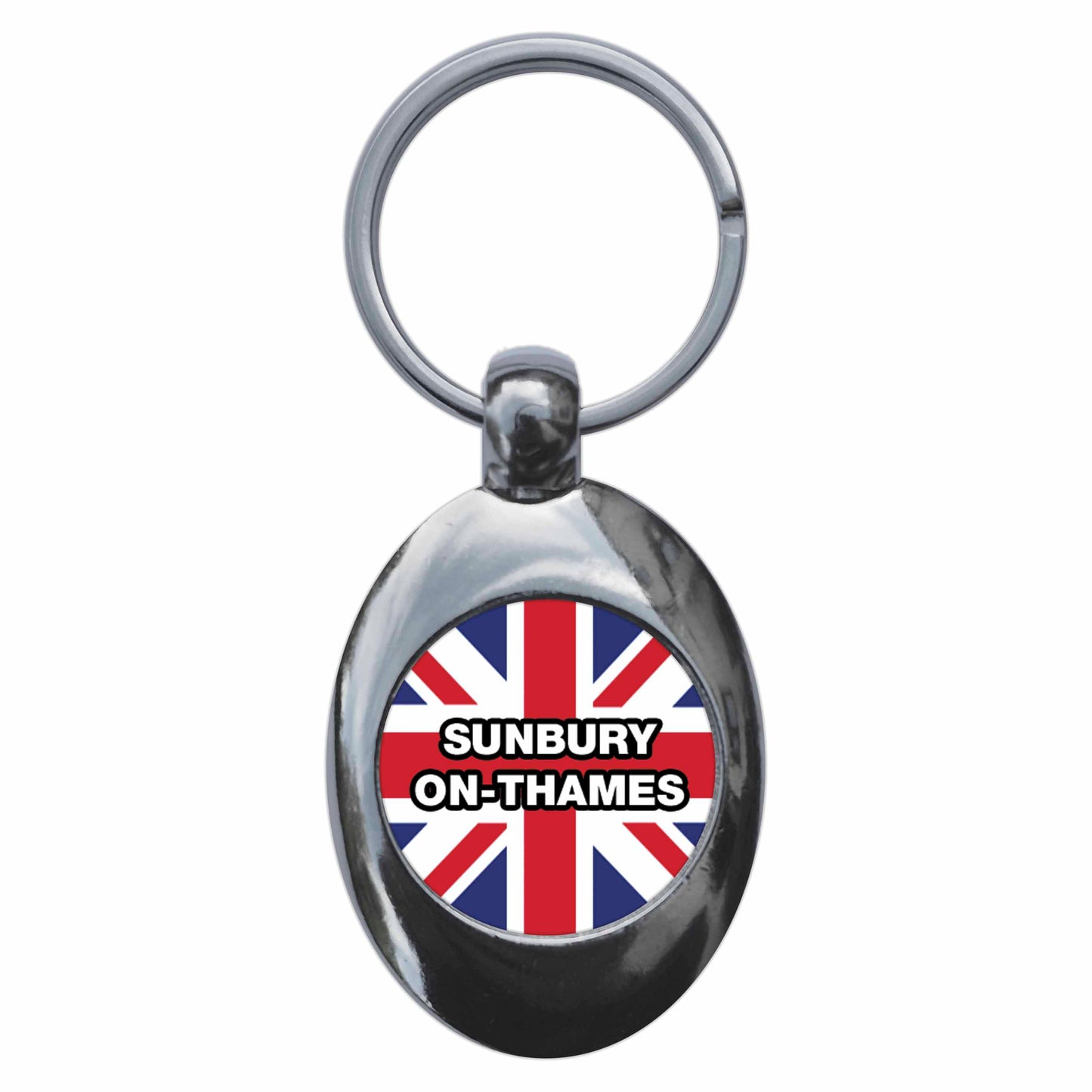 A picture of the front of the product, titled Sunbury-On-Thames Union Jack Metal Keyring With Trolley Coin